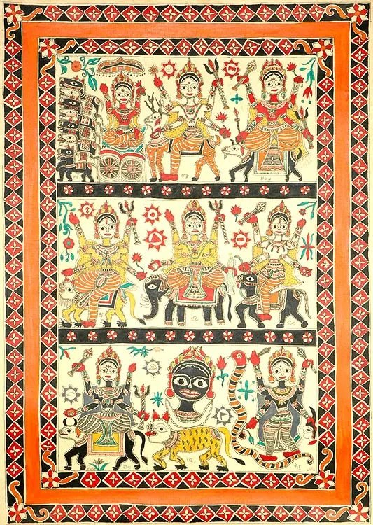 Navagraha Devi - A Madhubani painting depiction of the 9 planet goddesses